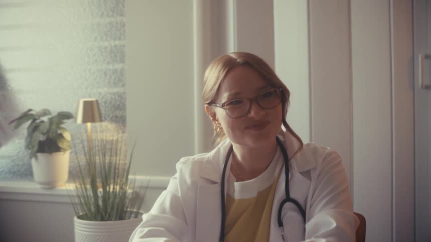 Friendly female doctor smiles warmly while listening to an elderly couple during a consultation in her sunlit office