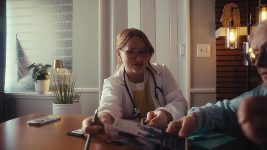 A friendly female doctor explains home care options from a brochure to an elderly couple at their dining room table
