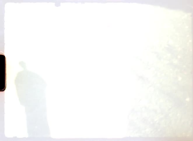 High-angle Super 8 film shot of a young redhead woman in a white slip dress standing serenely on a sunlit green lawn