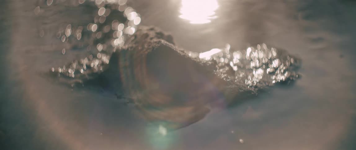 An artistic, abstract close-up shot of a rock in shimmering water as bright sunlight creates a beautiful lens flare