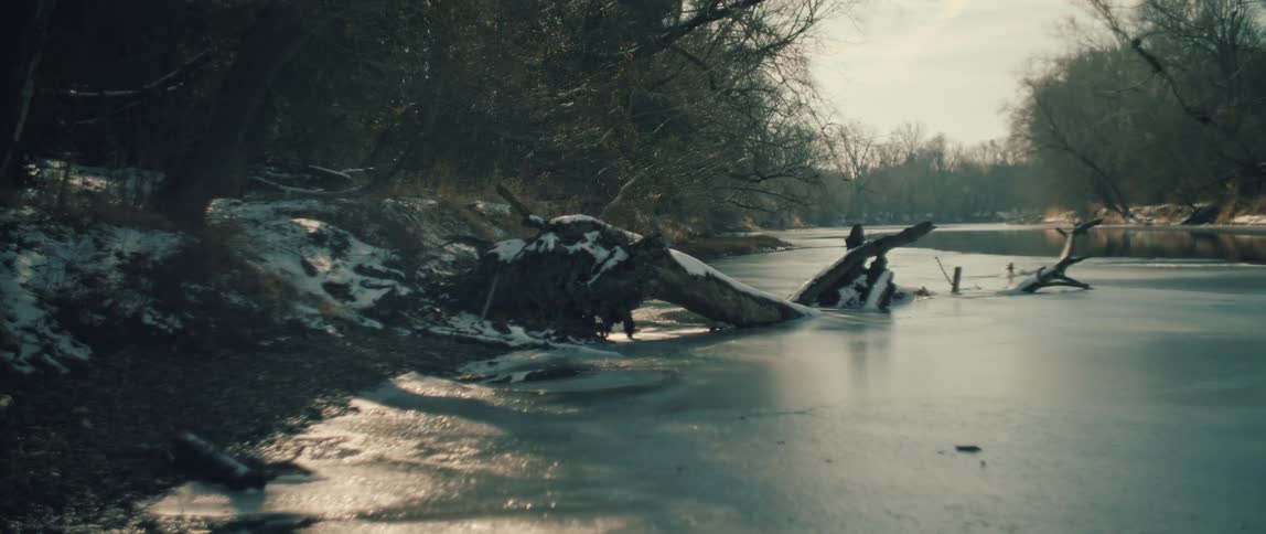A peaceful winter landscape features a fallen tree covered in snow on the bank of a frozen river