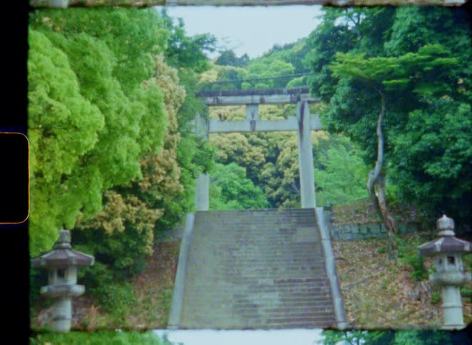 A vintage film shot pulls back to reveal stone stairs leading up to a traditional Japanese Torii gate in a lush forest