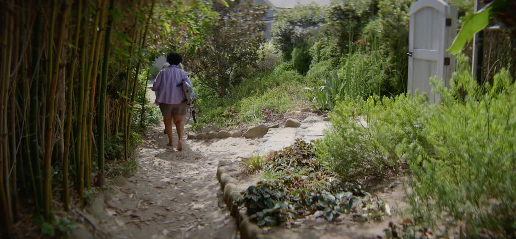 Four active senior women friends carry their surfboards as they walk down a lush, sandy path on a sunny day