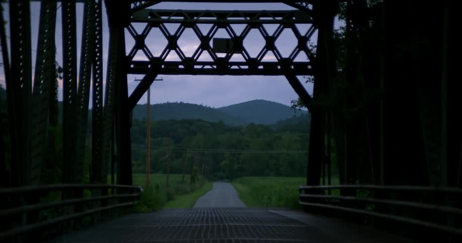 A covered bridge leading to a forest