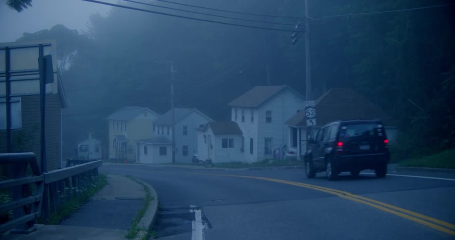 View of a road and houses on a foggy day