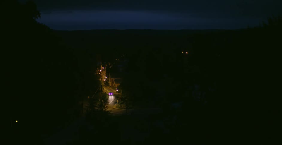 Aerial view of a city road at night