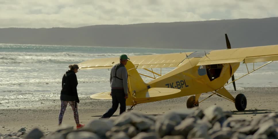 A man and woman walk toward an airplane parked on a beach