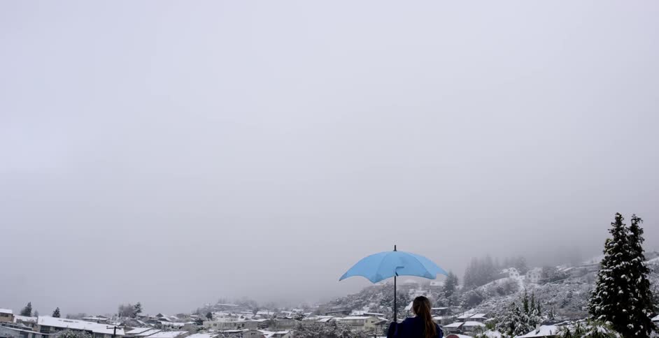 A woman holds an umbrella as she walks in a snow-covered landscape