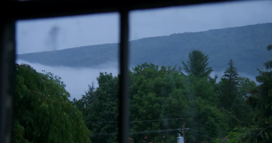 A window looks out at fog over some woods