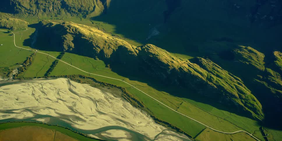 A large river near a mountain