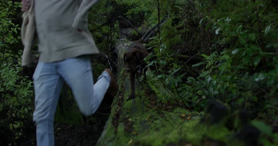 Man walking through the woods hops of a log with his dog following