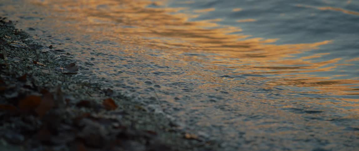 Waves lap a beach and reflect the colors of a sunset
