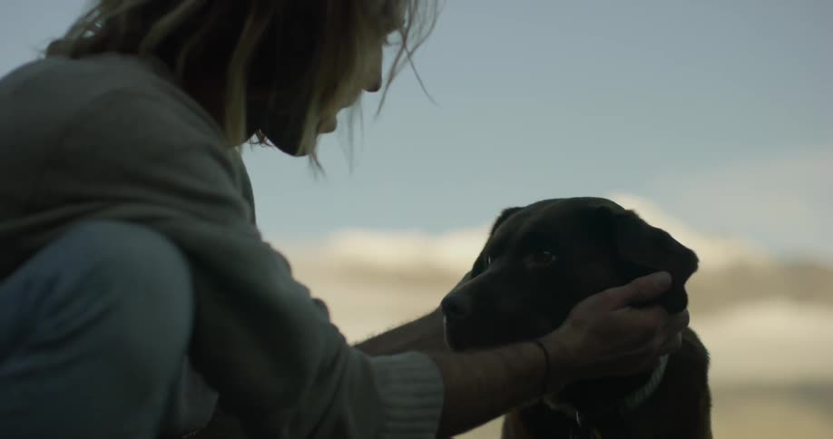 A man pets his dog on a lakeshore
