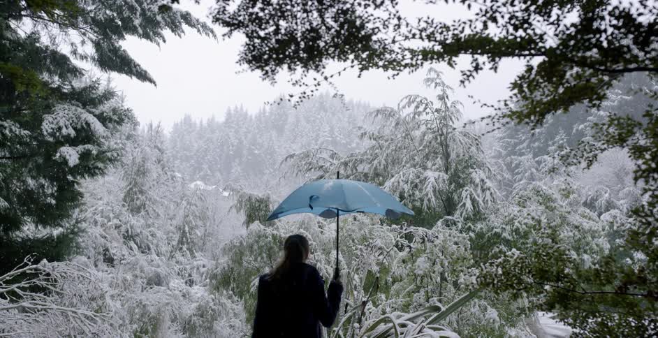 Woman walking through a snowy wilderness carrying an opened umbrella