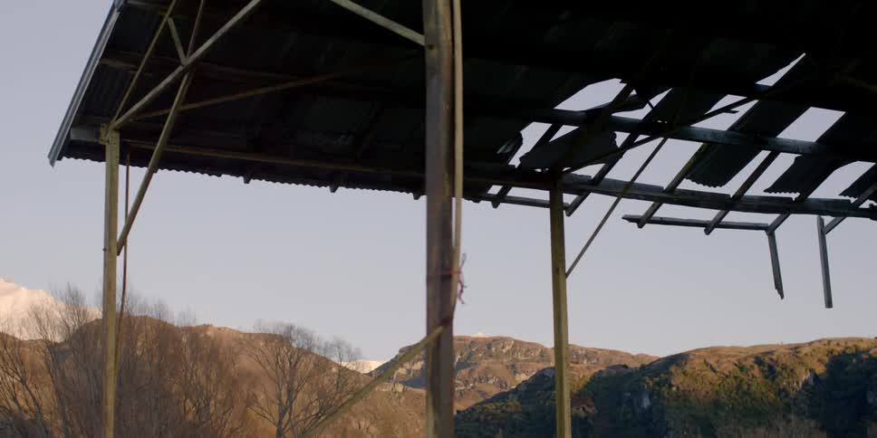 Rickety roof supported by thin wooden stakes