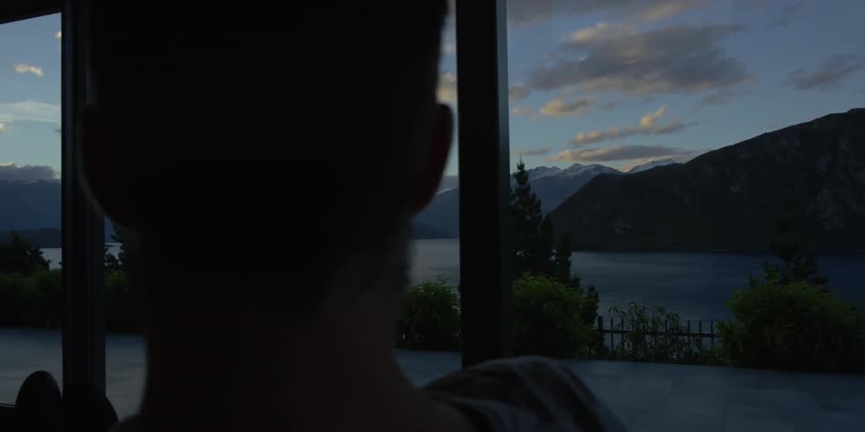 A man looks out his home window at a view