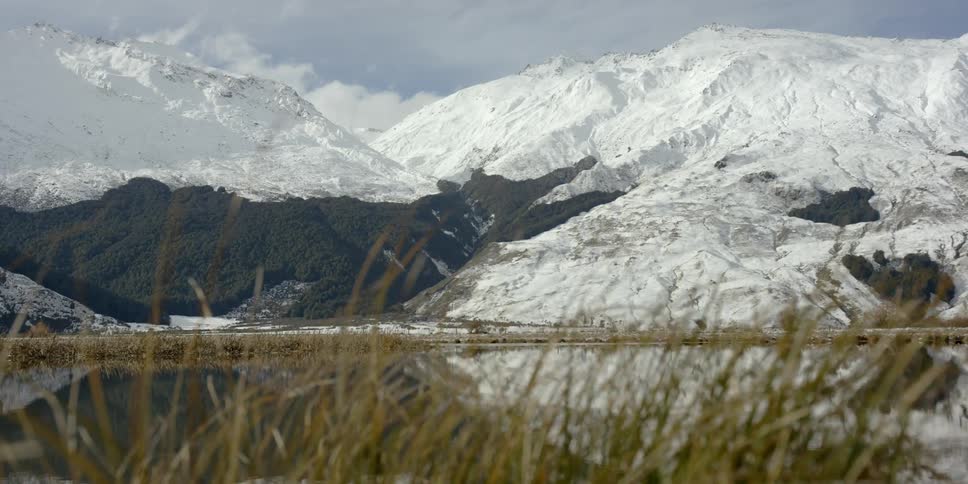 Snowy mountains surround a lake with grass in the foreground