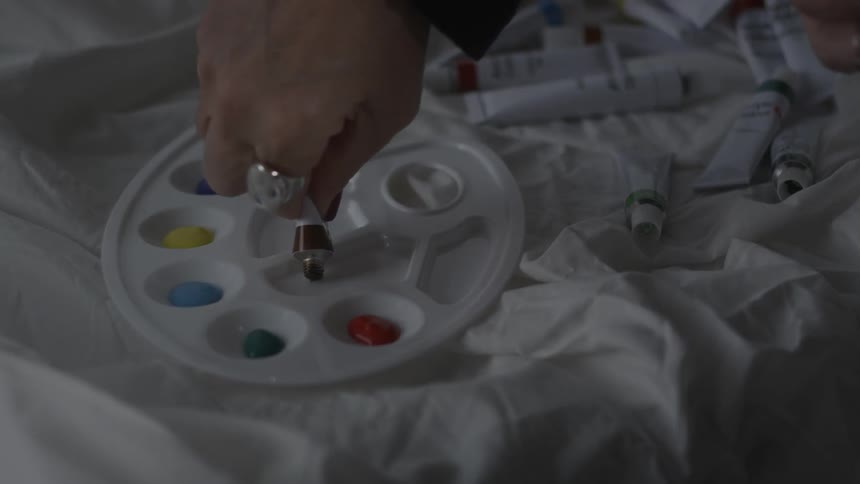 Paint is squeezed onto an artist palette