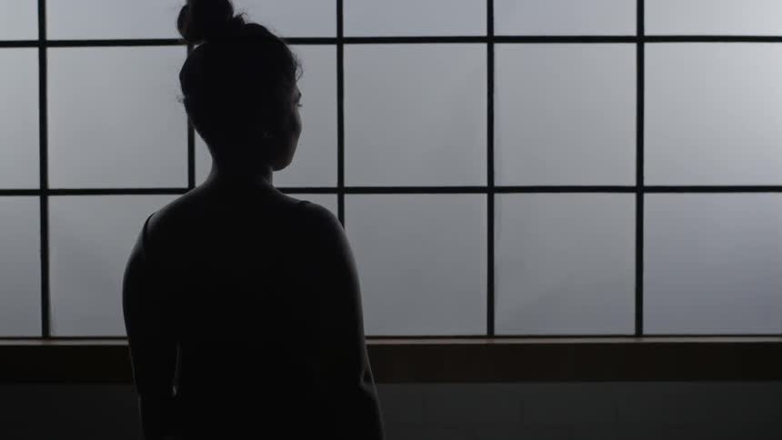 A woman looks out paned windows