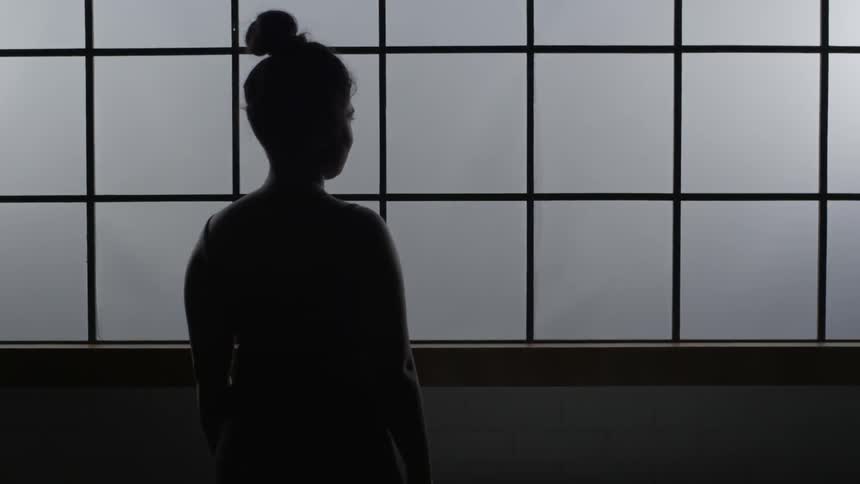 A woman looks out paned windows
