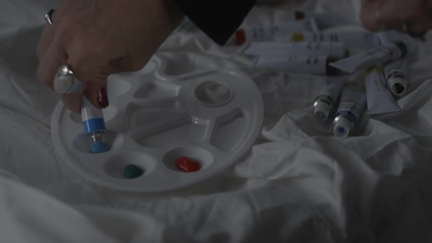 Paint is squeezed onto a palette