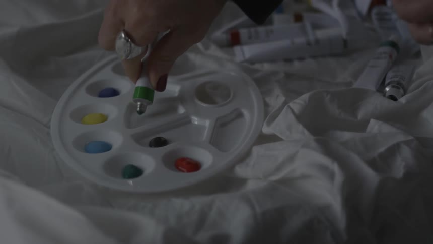 Paint is squeezed onto a palette