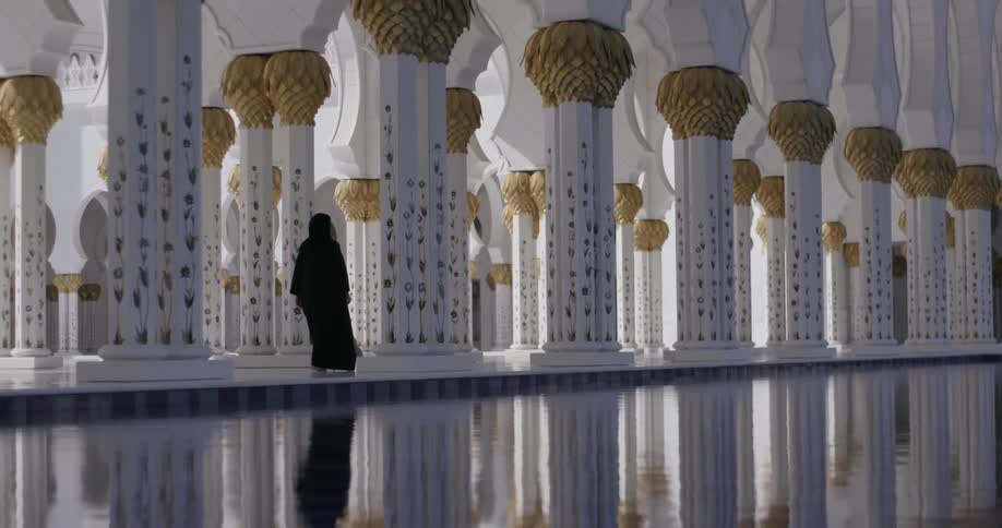 Hooded figure walks through a cathedral next to a pool of water