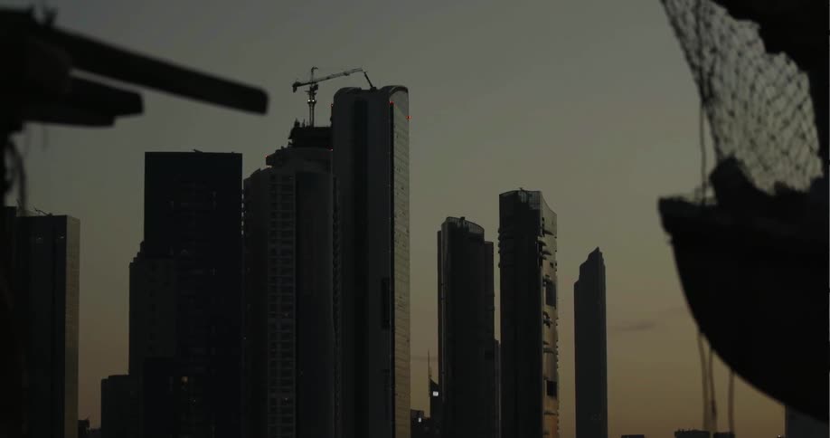Skyscrapers in a large city at sunset