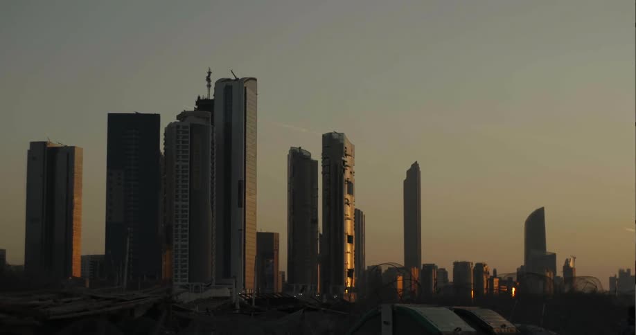 View of large skyscrapers at sunset
