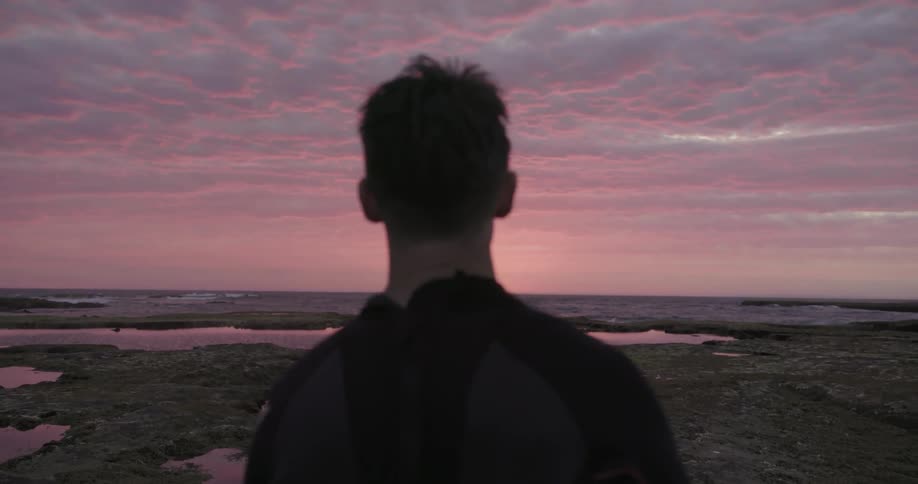 Man looks out at the water at sunset