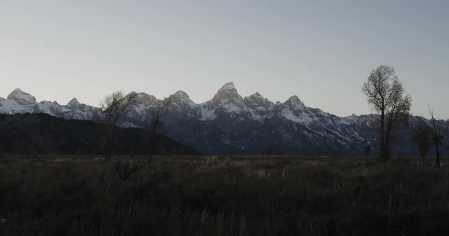 The long field leads to snow covered mountains