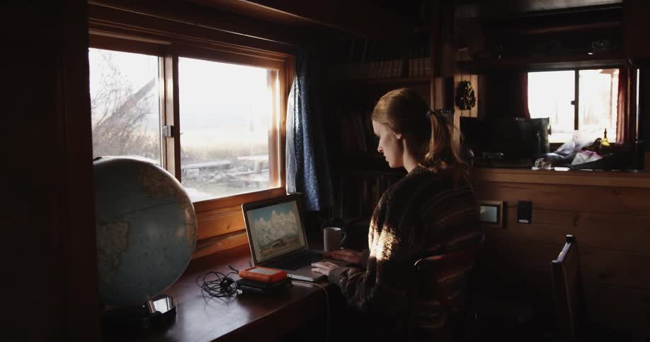A woman looks at photographs on a laptop
