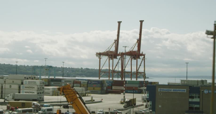 Shipping containers are stacked near a body of water
