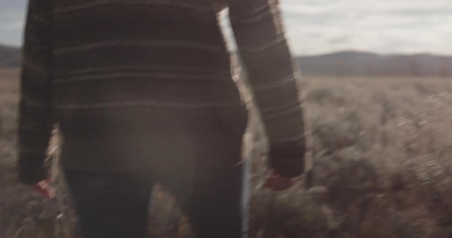 A person walks through a field during the day