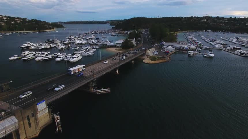 Vehicles travel over the bridge with many boats docked in the water