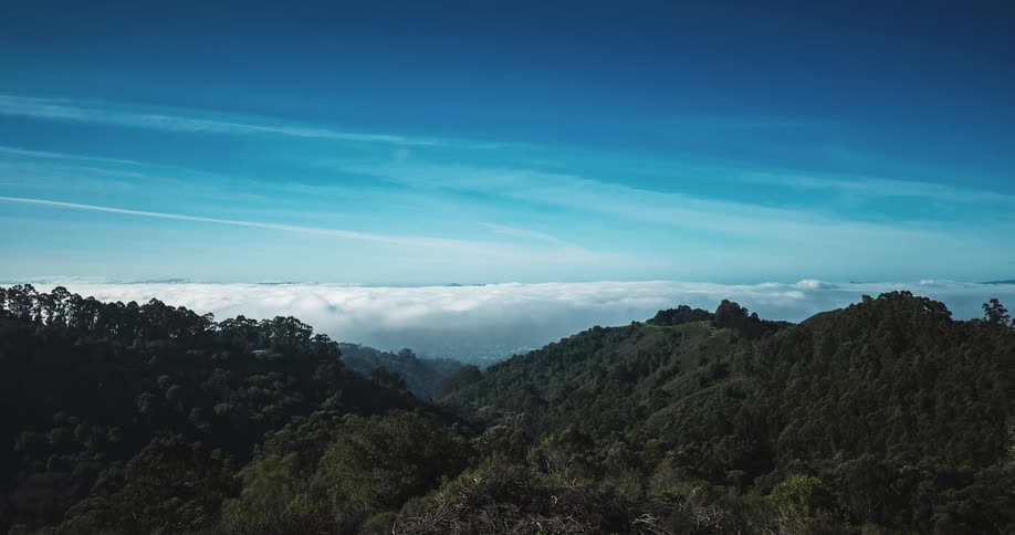 A thick bank of fog and clouds moves near hilltops