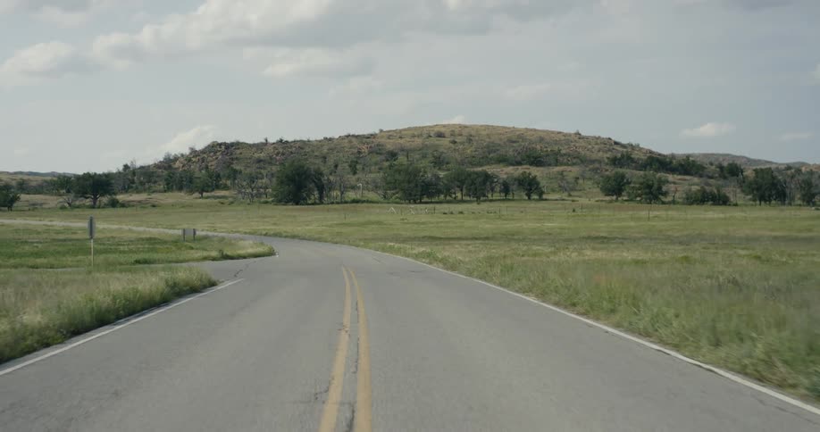 A small road is lined with long green fields