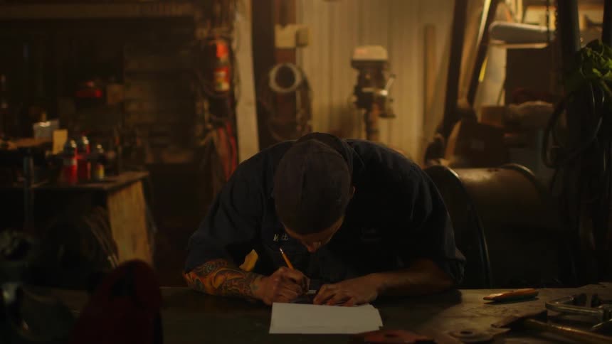 A man is leaning over his bench writing