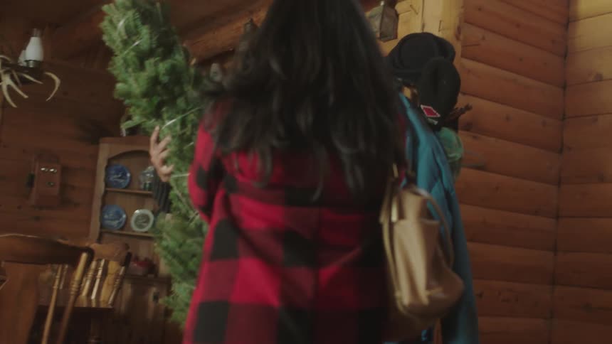 A man and woman carry a christmas tree into their house