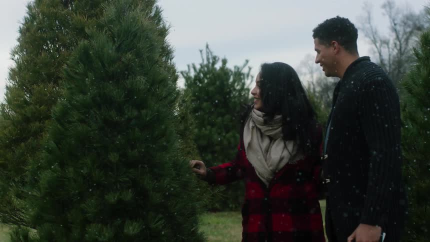 Man and woman look at trees together outside in the snow