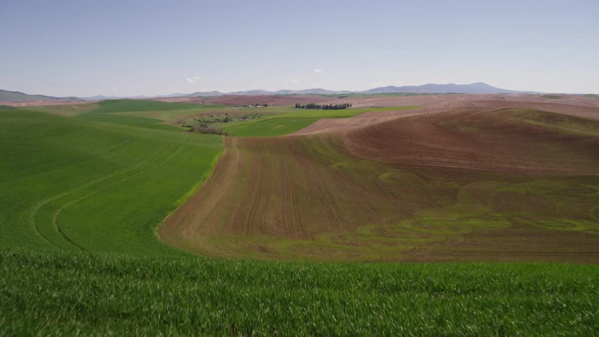Flying up a lush planted hillside to reveal rolling hills and vast tracts of farmland