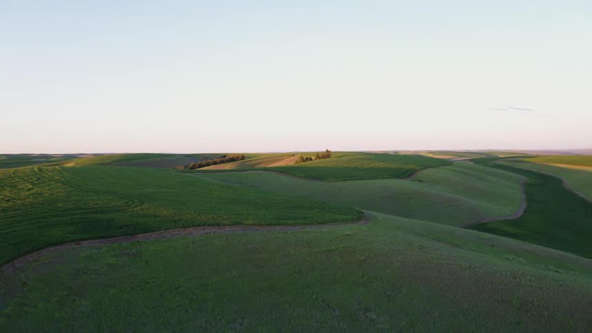 Gliding above sun kissed contoured rolling farm fields