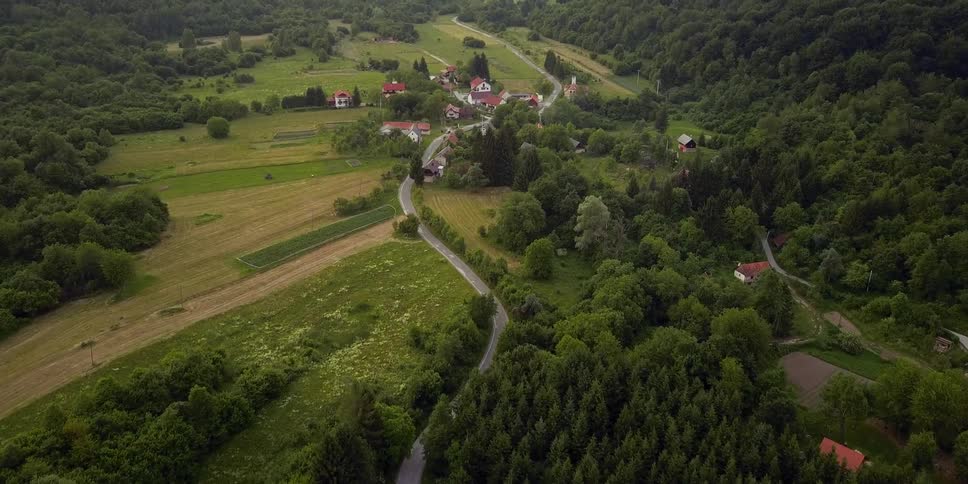 The dense forests lead to flat green pastures and a small town