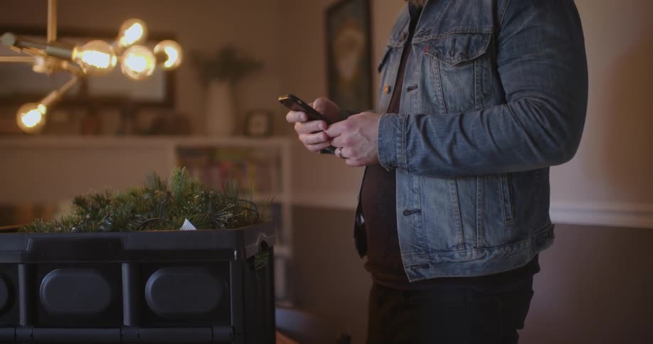 A man is using his phone in his home