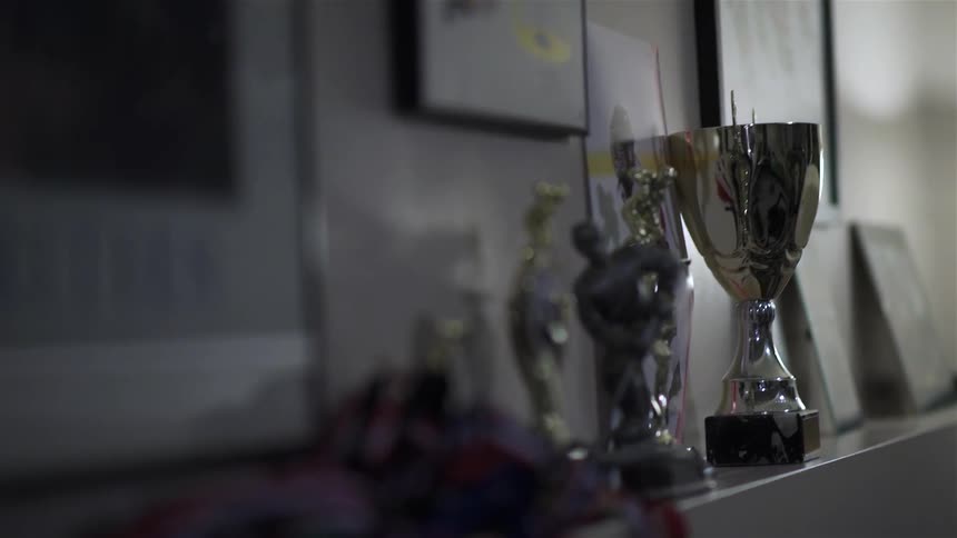 A mantle lined with trophies and medals
