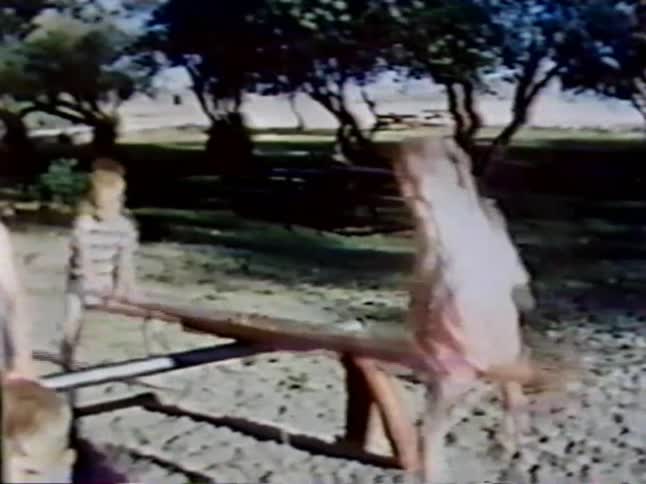 Children playing on a seesaw in a vintage scene