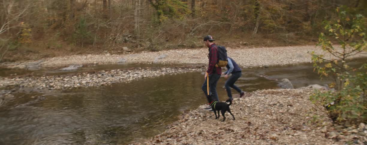 Man and woman walk in the woods with a small dog and sit next to a stream