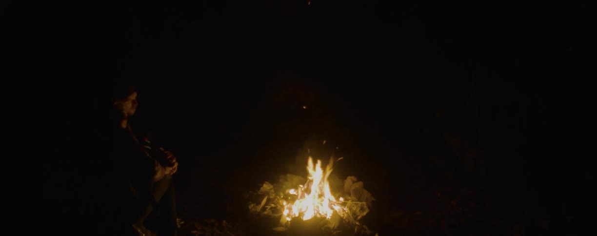 Man sits by a small campfire at night