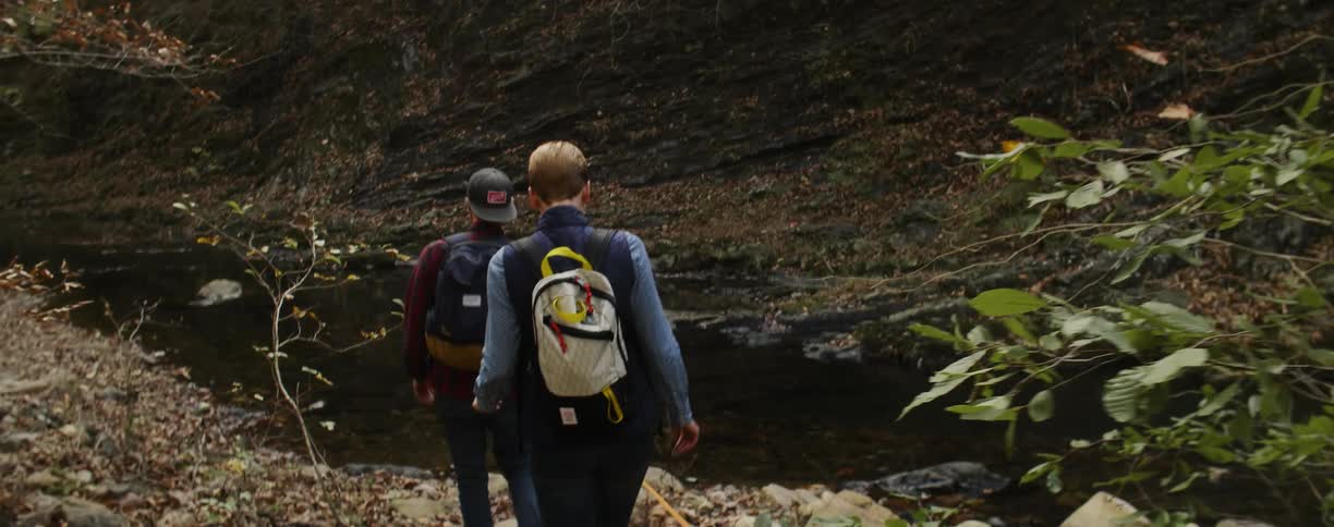 Man and woman walk in the woods with a small dog