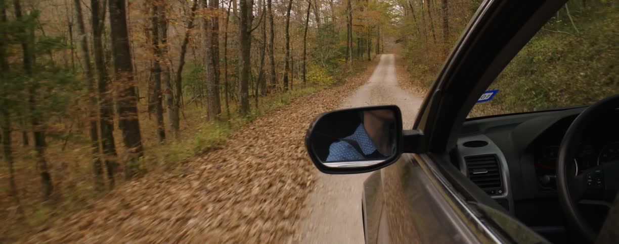 A car drives down a small path and the driver hangs their arm out the window